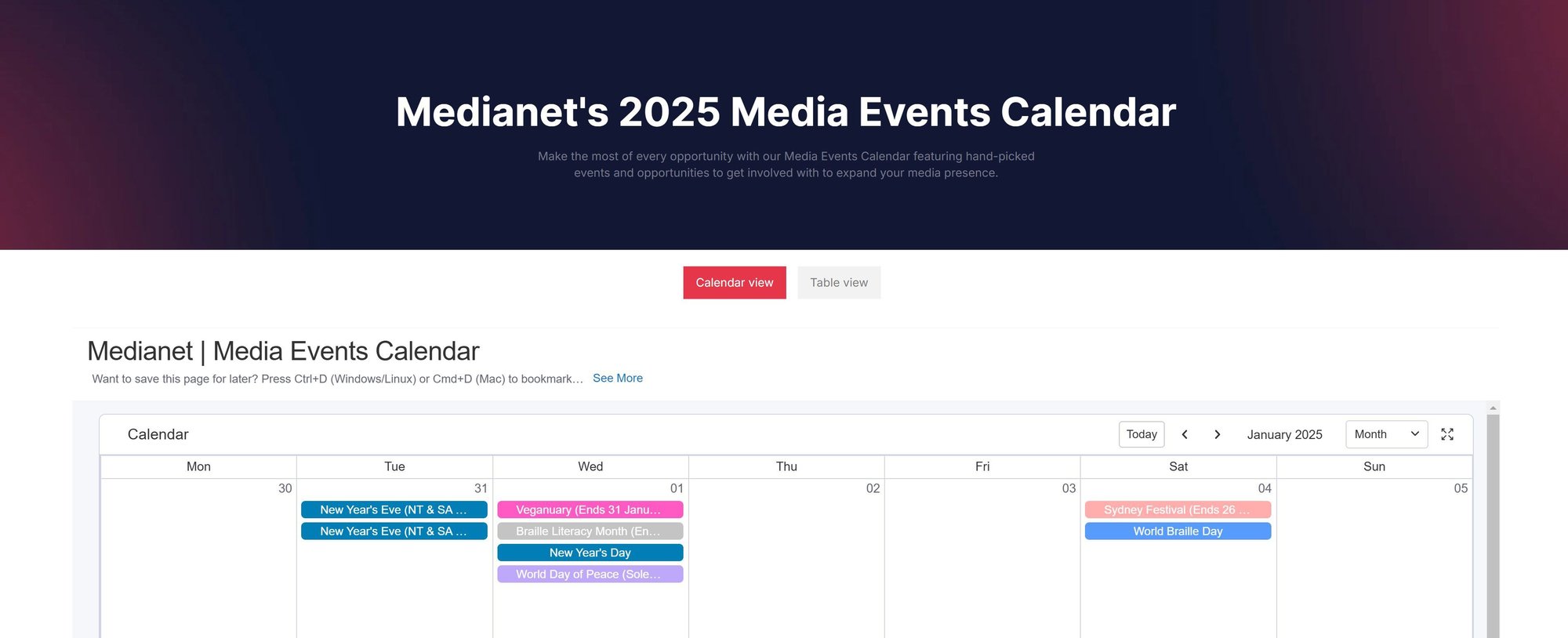 Media Events Calendar